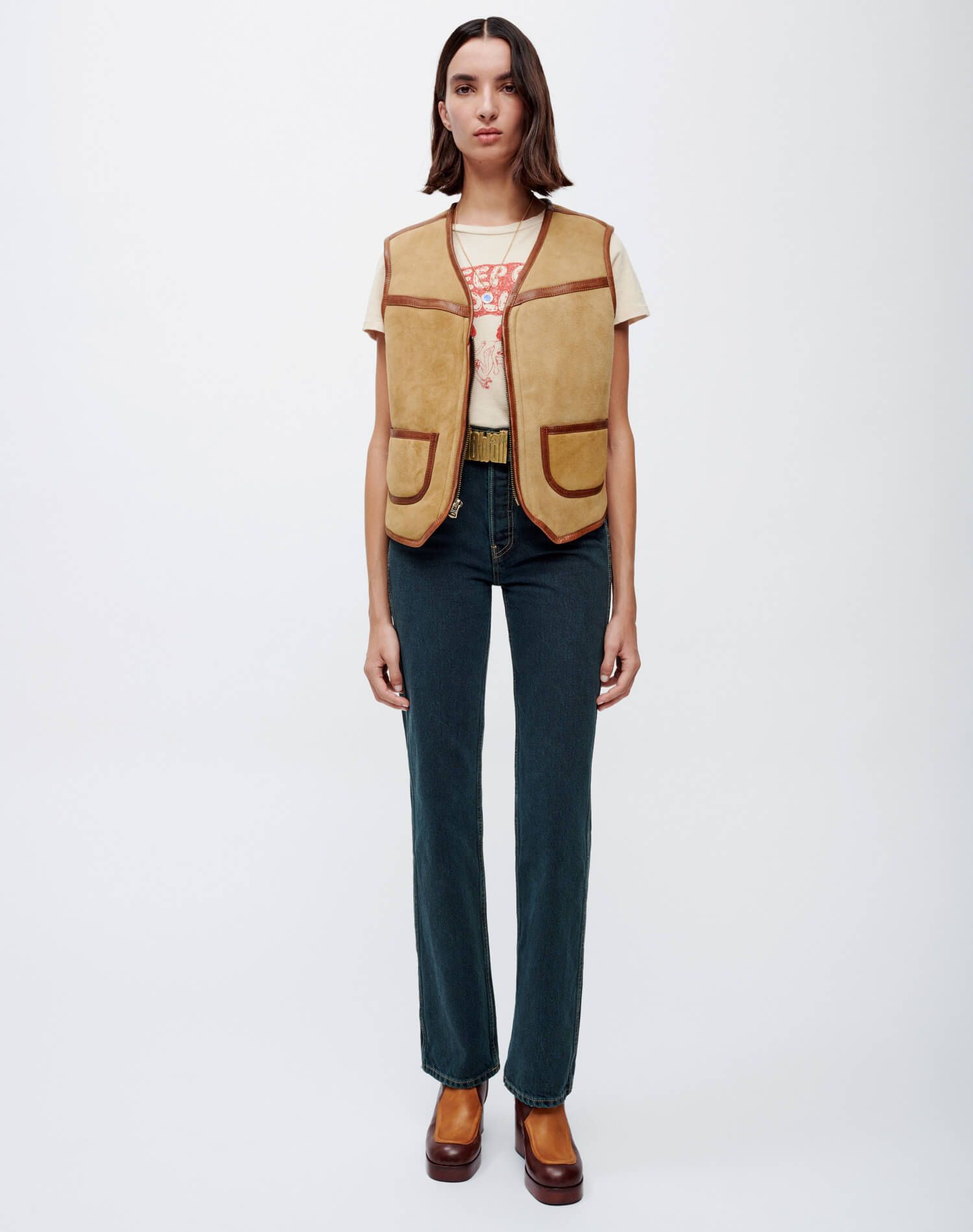 Suede Shearling V Neck Vest - Brown sold by Re/Done product image thumbnail 2