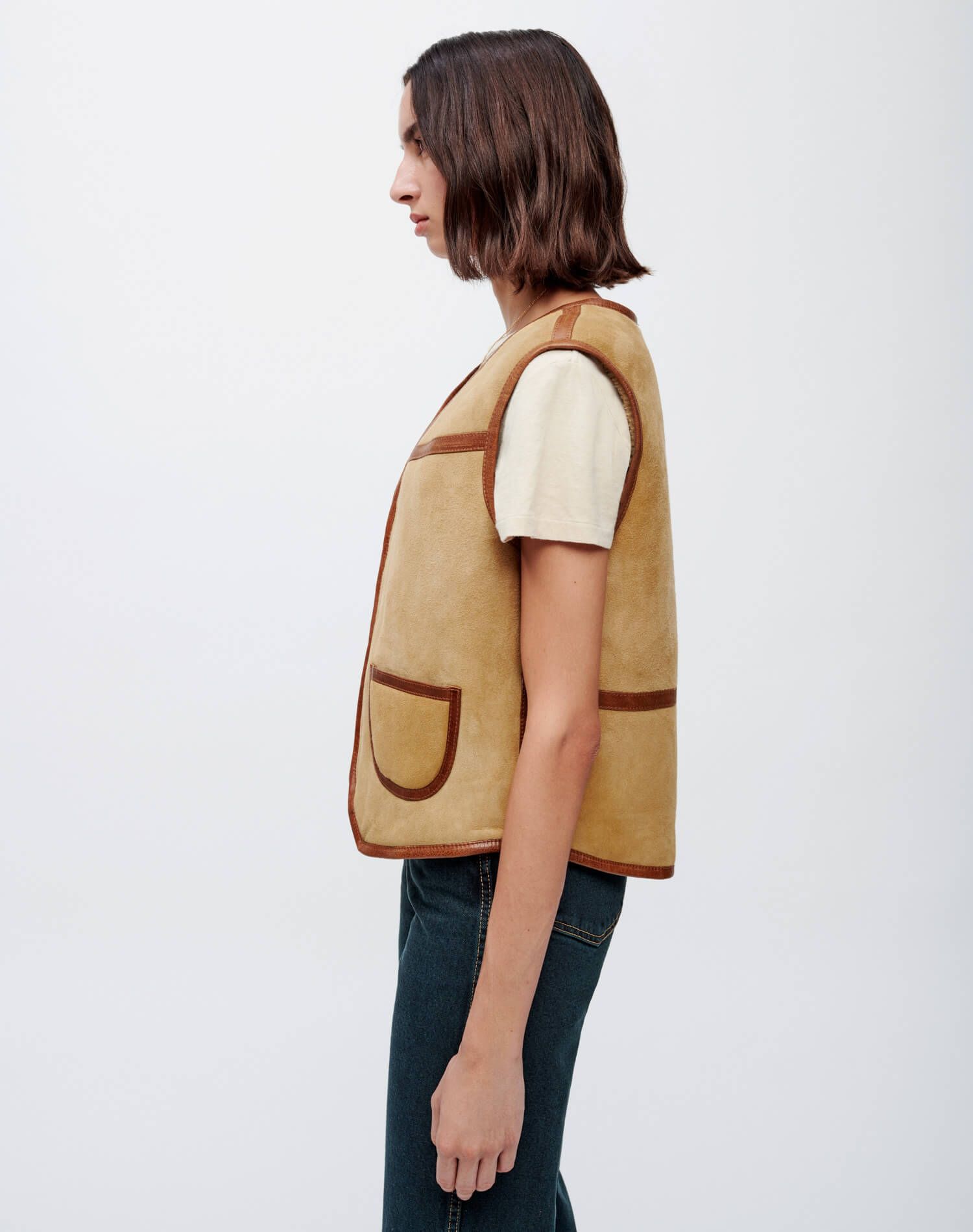 Suede Shearling V Neck Vest - Brown sold by Re/Done product image thumbnail 4