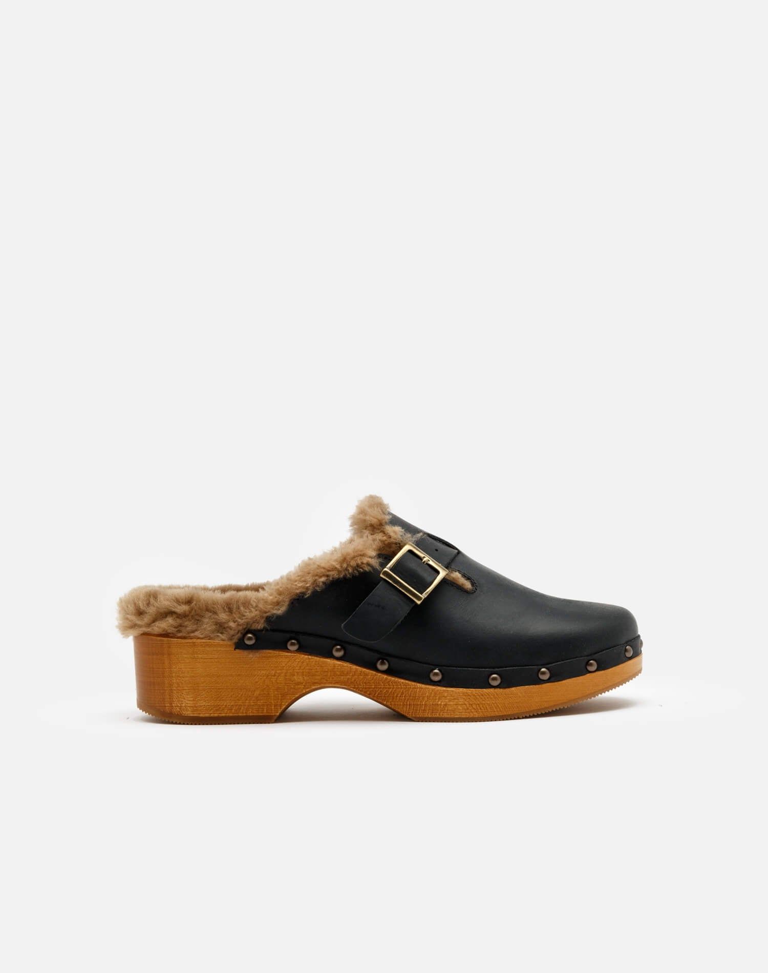 70s Shearling Clog - Black Leather and Shearling sold by Re/Done