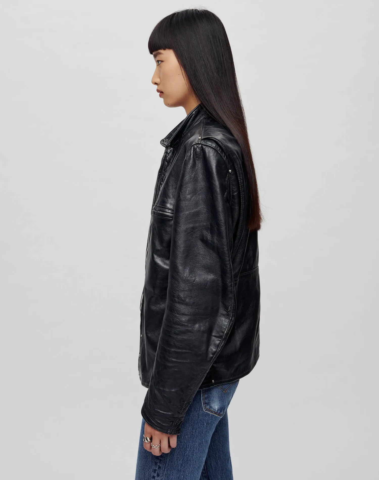 Upcycled Leather Cafe Racer Jacket - Black Merlot sold by Re/Done product image thumbnail 4