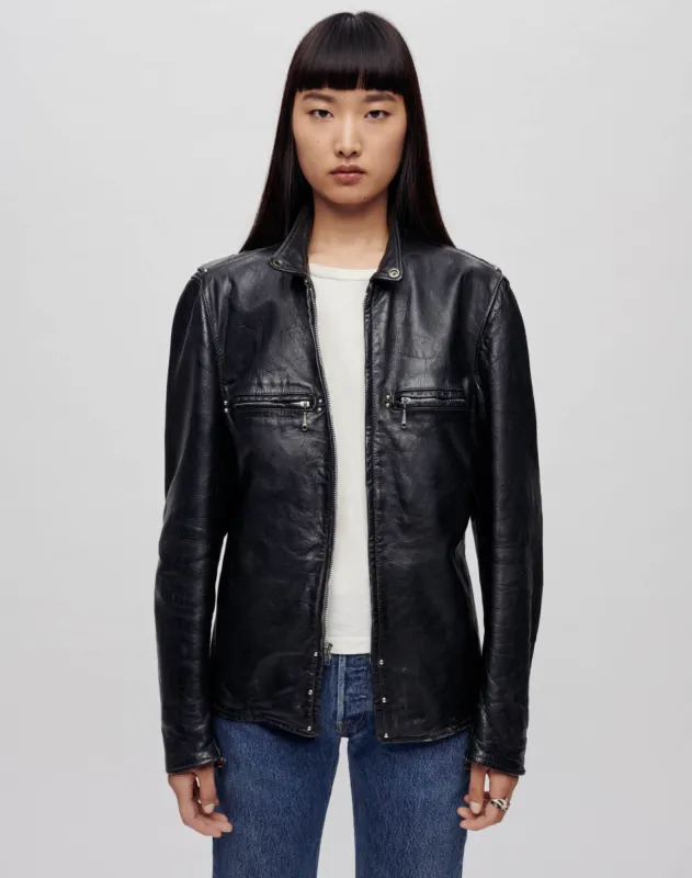 Upcycled Leather Cafe Racer Jacket - Black Merlot sold by Re/Done