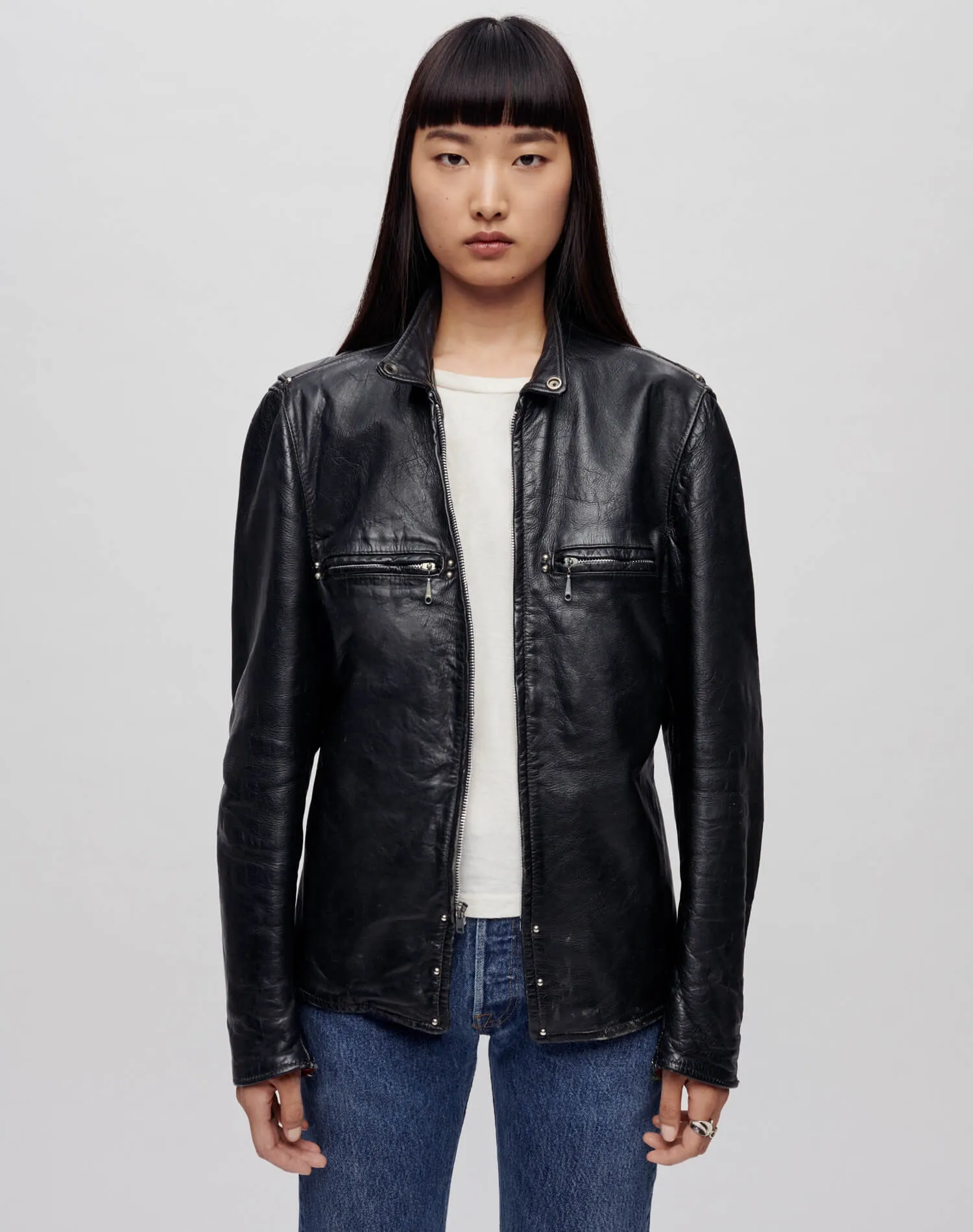 Upcycled Leather Cafe Racer Jacket - Black Merlot sold by Re/Done