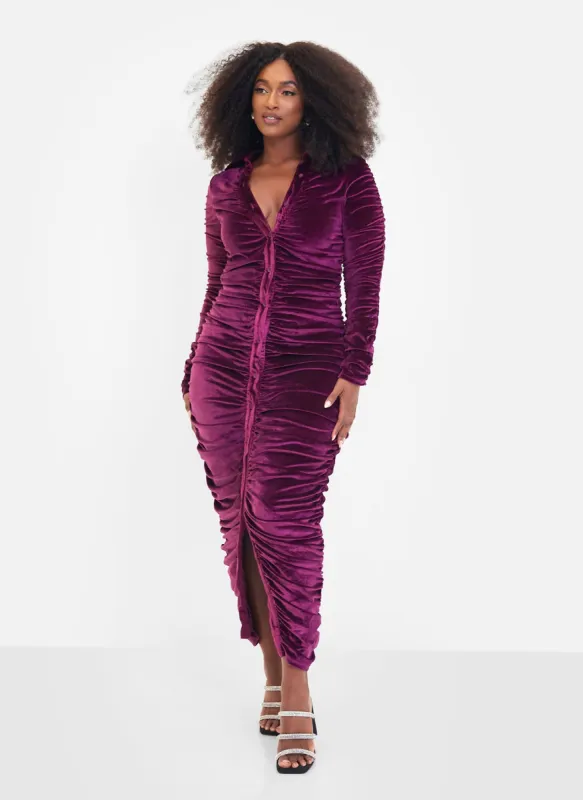 Perfect Host Velvet Button Front Maxi Bodycon Dress - Eggplant sold by Rebdolls