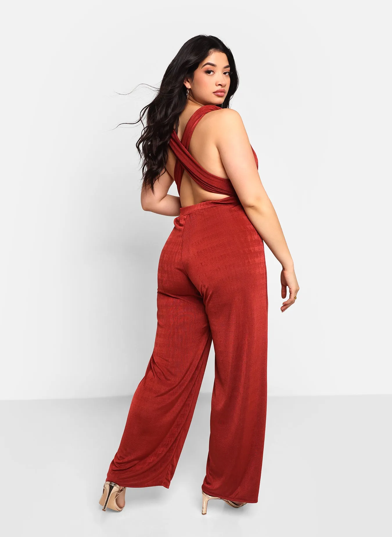 Sol Slinky Tie Back Wide Leg Jumpsuit - Brick sold by Rebdolls product image thumbnail 3