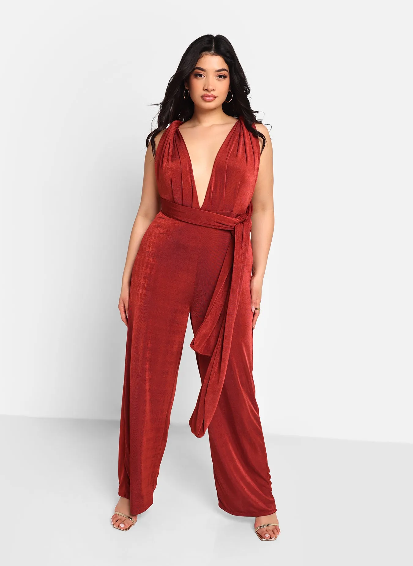 Sol Slinky Tie Back Wide Leg Jumpsuit - Brick sold by Rebdolls product image thumbnail 2