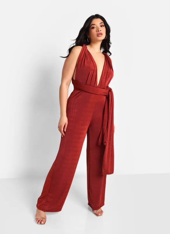 Sol Slinky Tie Back Wide Leg Jumpsuit - Brick sold by Rebdolls