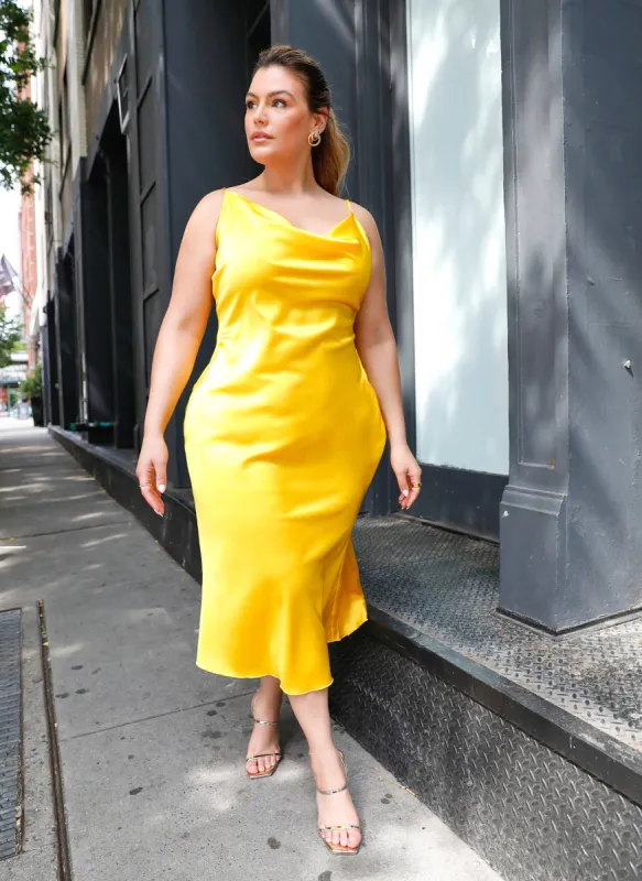 High Key Satin Cowl Neck Midi Shift Dress - Yellow sold by Rebdolls