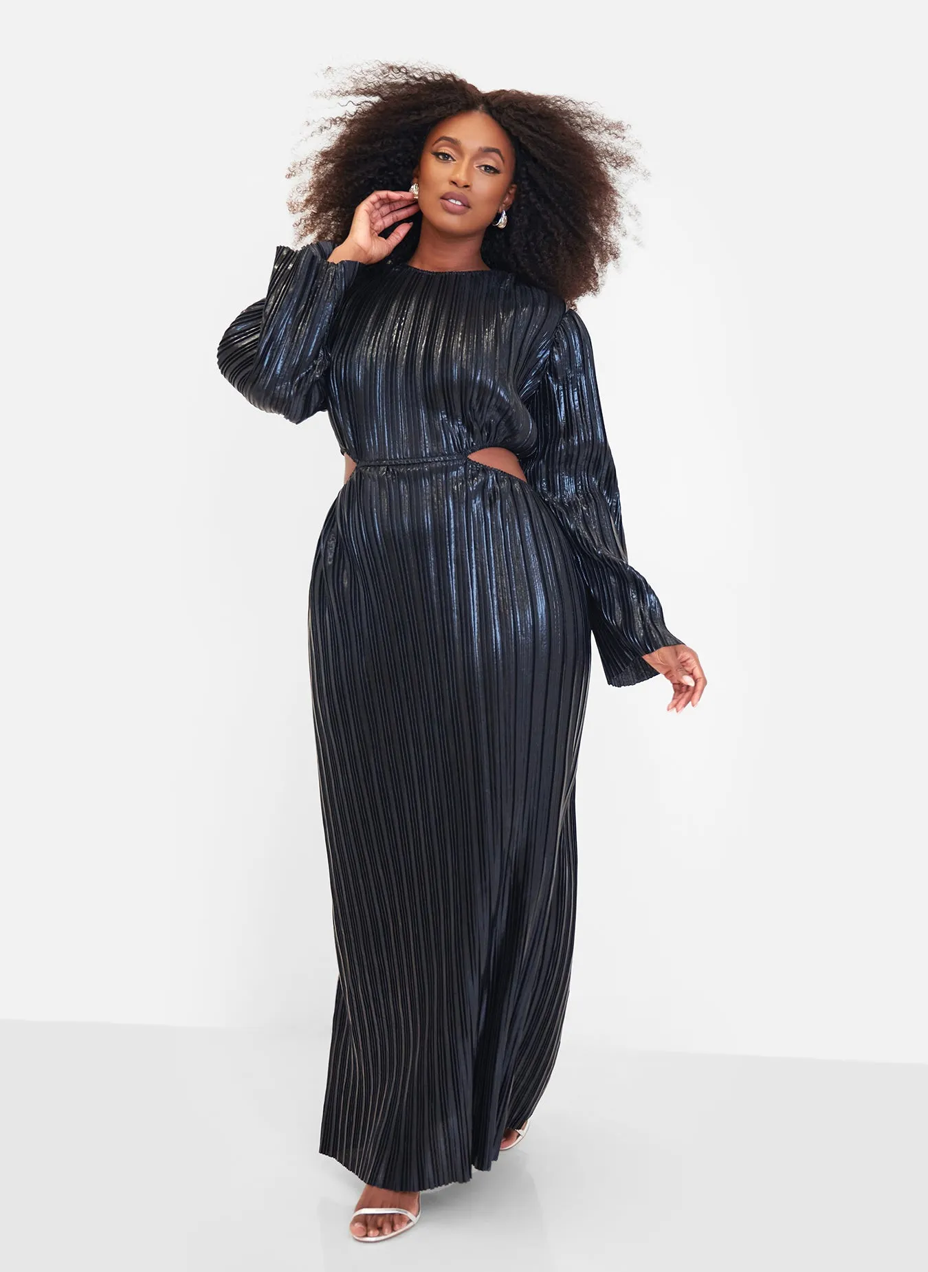 Octavia Metallic Plisse Open Back Maxi Shift Dress - Black sold by Rebdolls