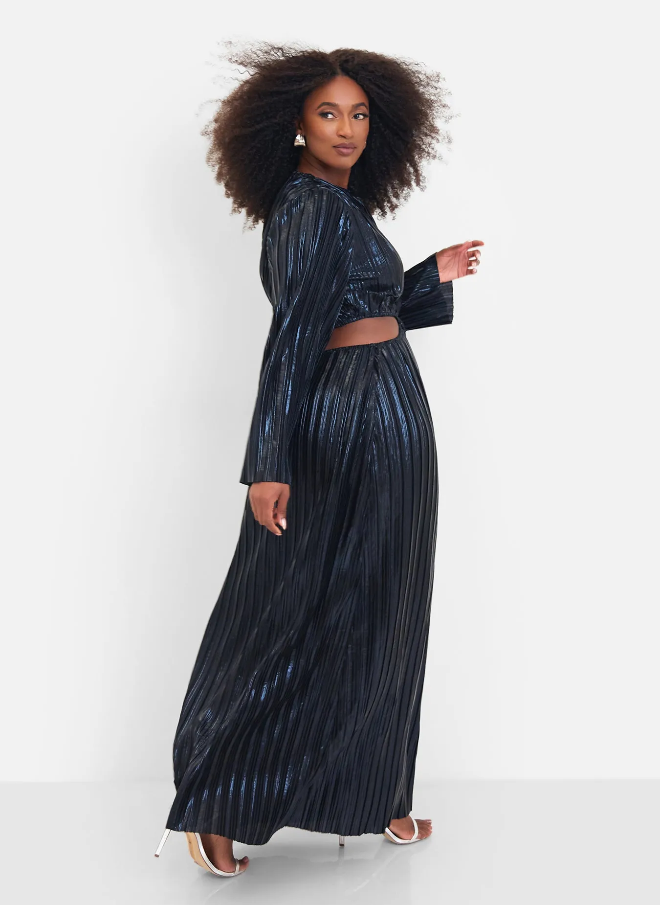 Octavia Metallic Plisse Open Back Maxi Shift Dress - Black sold by Rebdolls product image thumbnail 3