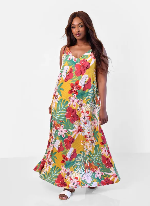 Getaway Tropical Print Slip Maxi Dress sold by Rebdolls