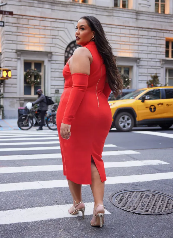 Roma Bandage Cold Shoulder Midi Bodycon Dress - Cherry sold by Rebdolls