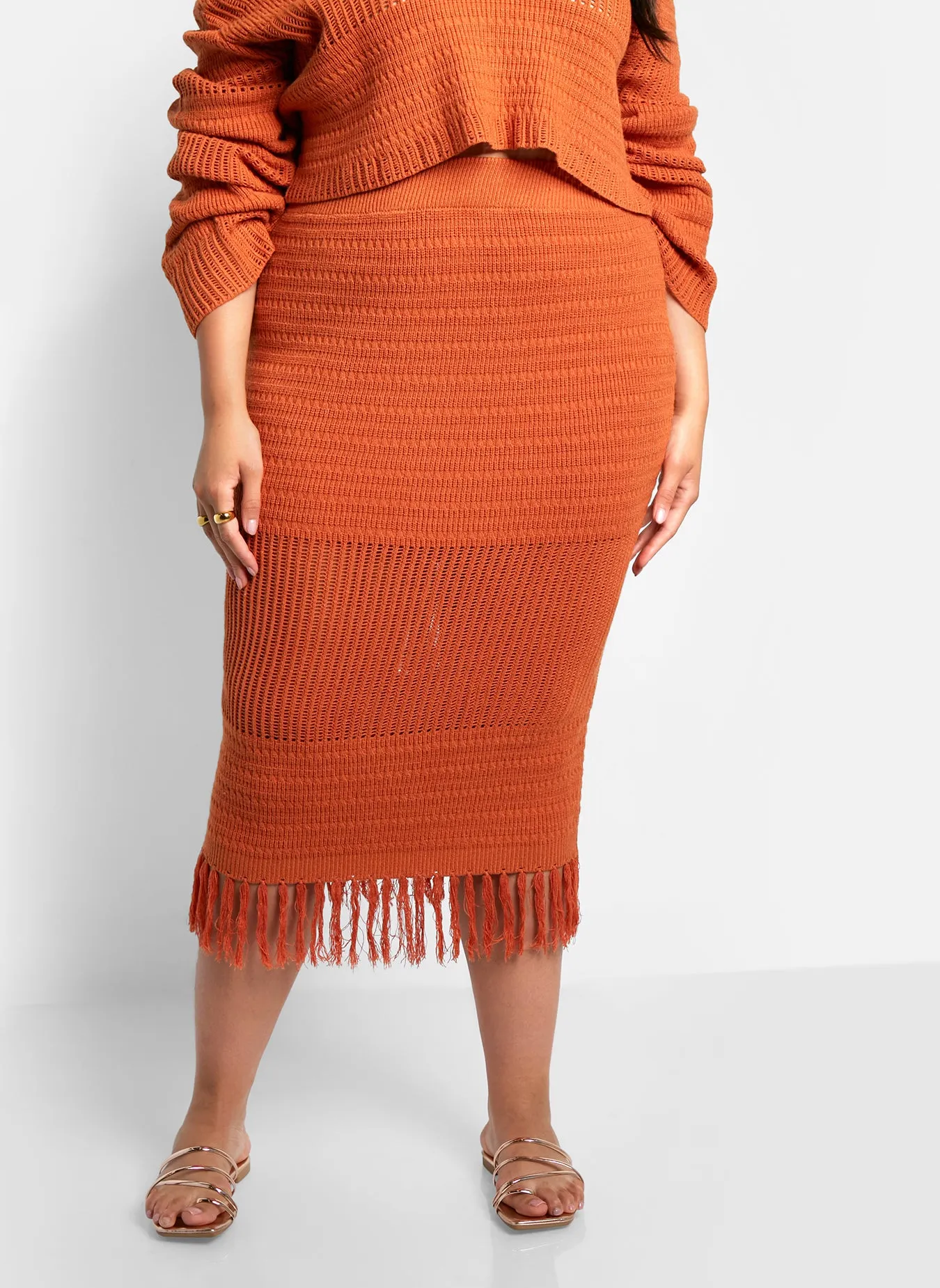 Jina Crochet Tassel Hem Midi Bodycon Skirt - Cinnamon sold by Rebdolls product image thumbnail 4