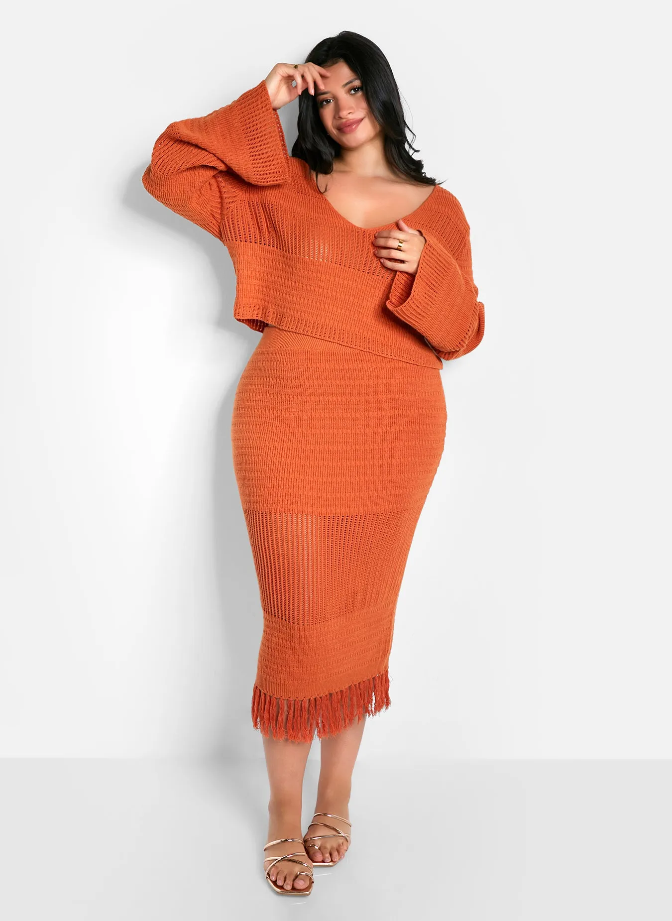 Jina Crochet Tassel Hem Midi Bodycon Skirt - Cinnamon sold by Rebdolls product image thumbnail 2