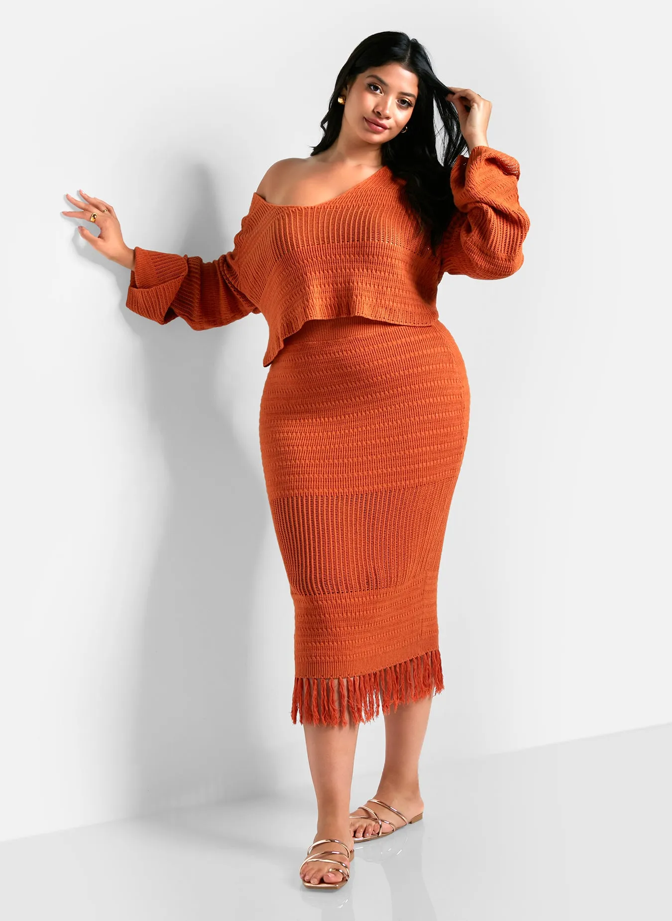 Jina Crochet Tassel Hem Midi Bodycon Skirt - Cinnamon sold by Rebdolls product image thumbnail 5