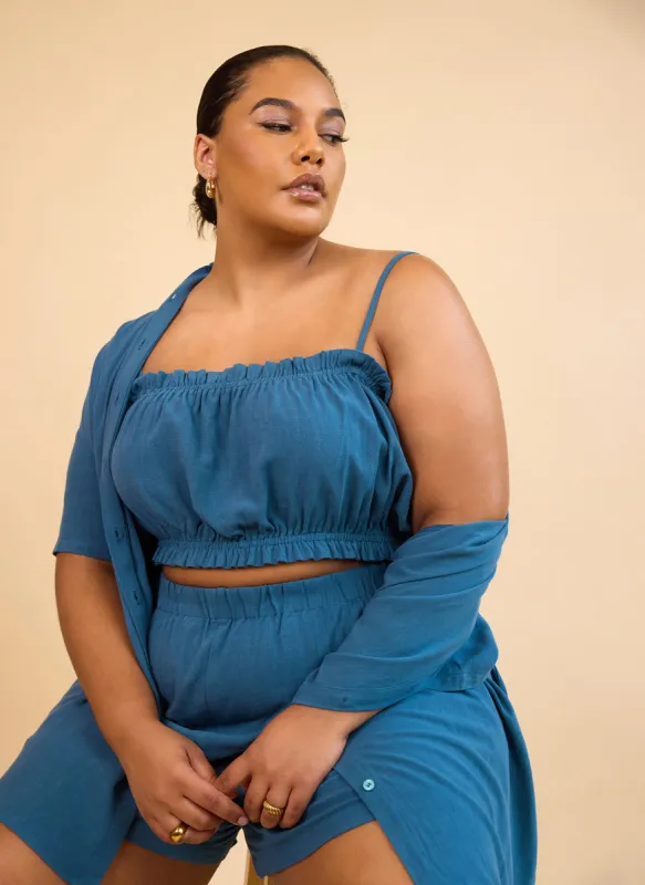 Clio Linen Peasant Crop Top - Cadet Blue sold by Rebdolls