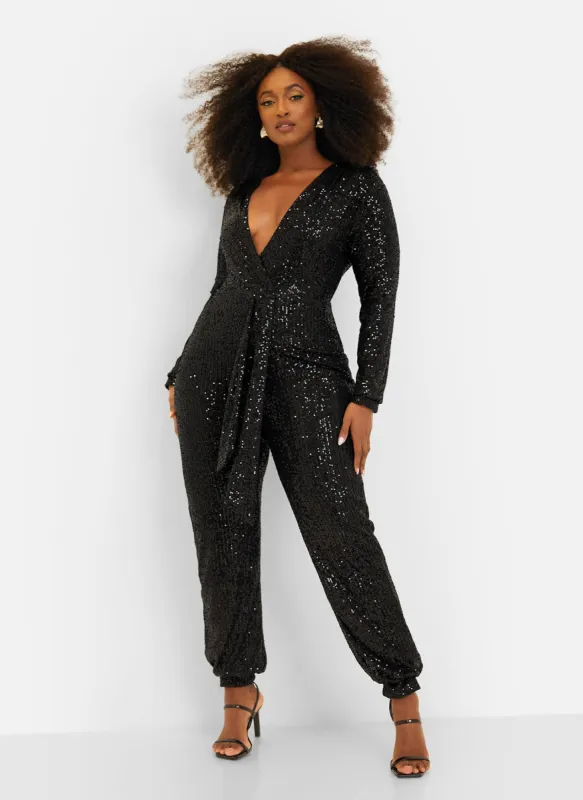 Empowered V-Neck Long Sleeve Sequin Jumpsuit - Black sold by Rebdolls