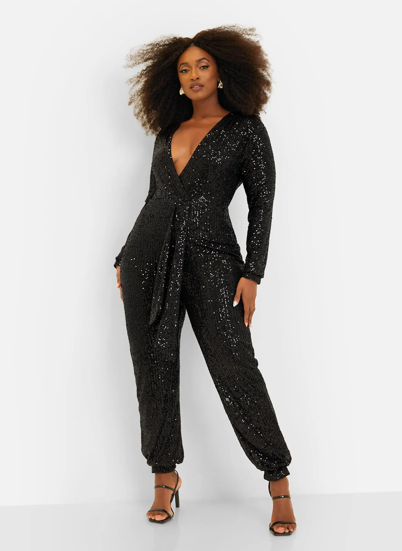 Empowered V-Neck Long Sleeve Sequin Jumpsuit - Black sold by Rebdolls