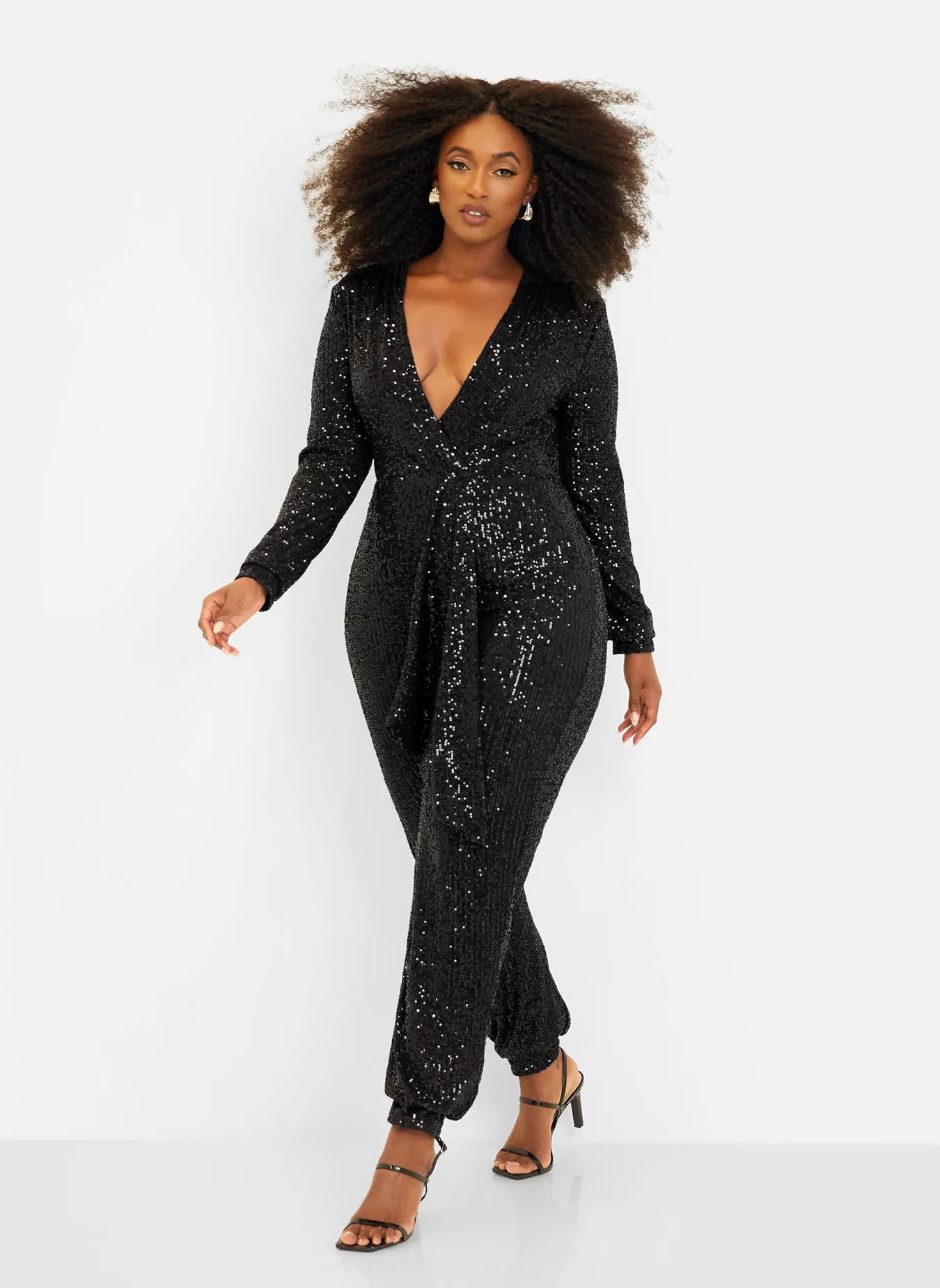 Empowered V-Neck Long Sleeve Sequin Jumpsuit - Black sold by Rebdolls product image thumbnail 2