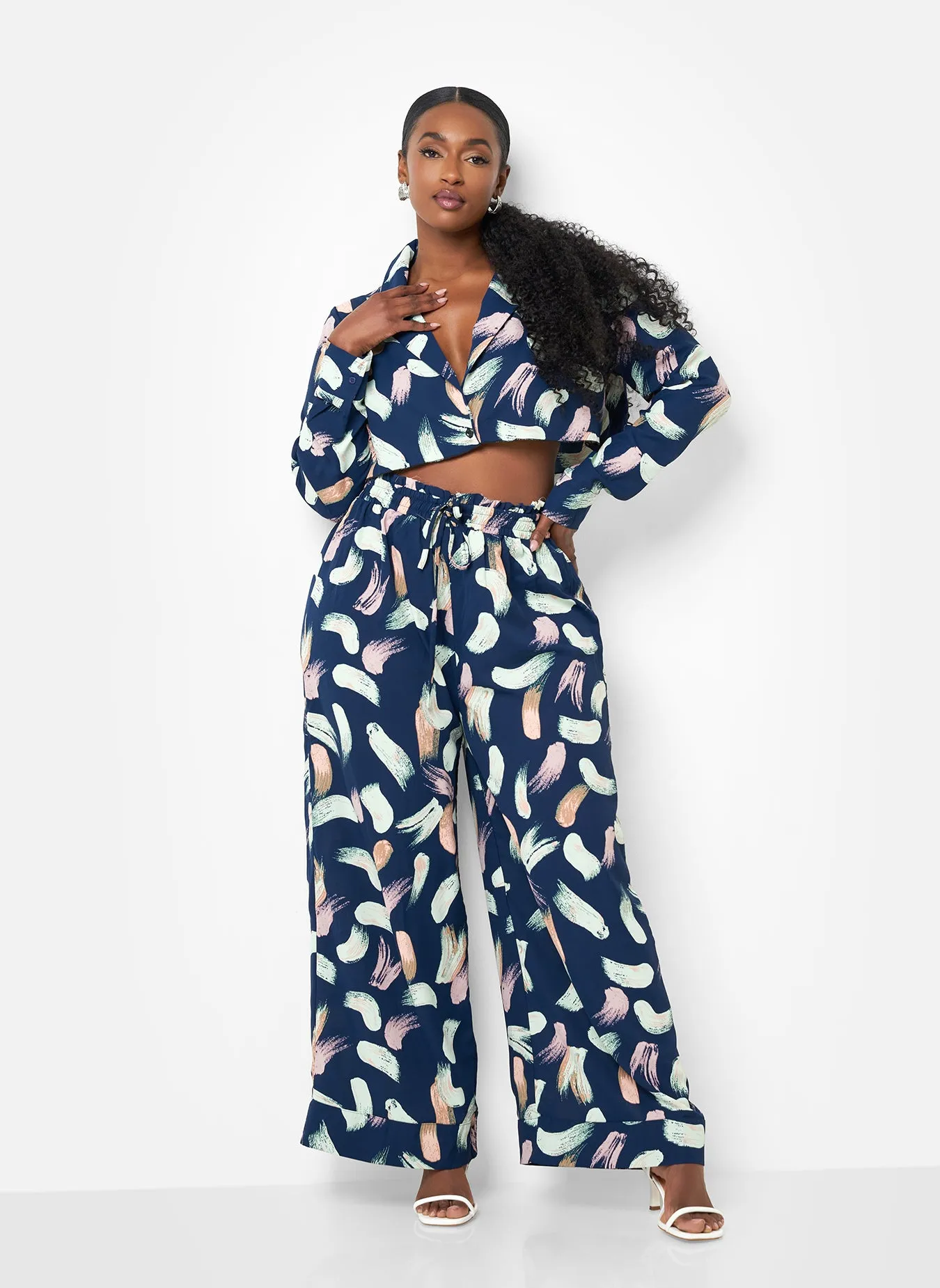 Nina Raw Hem Printed Wide Leg Pants - Navy sold by Rebdolls