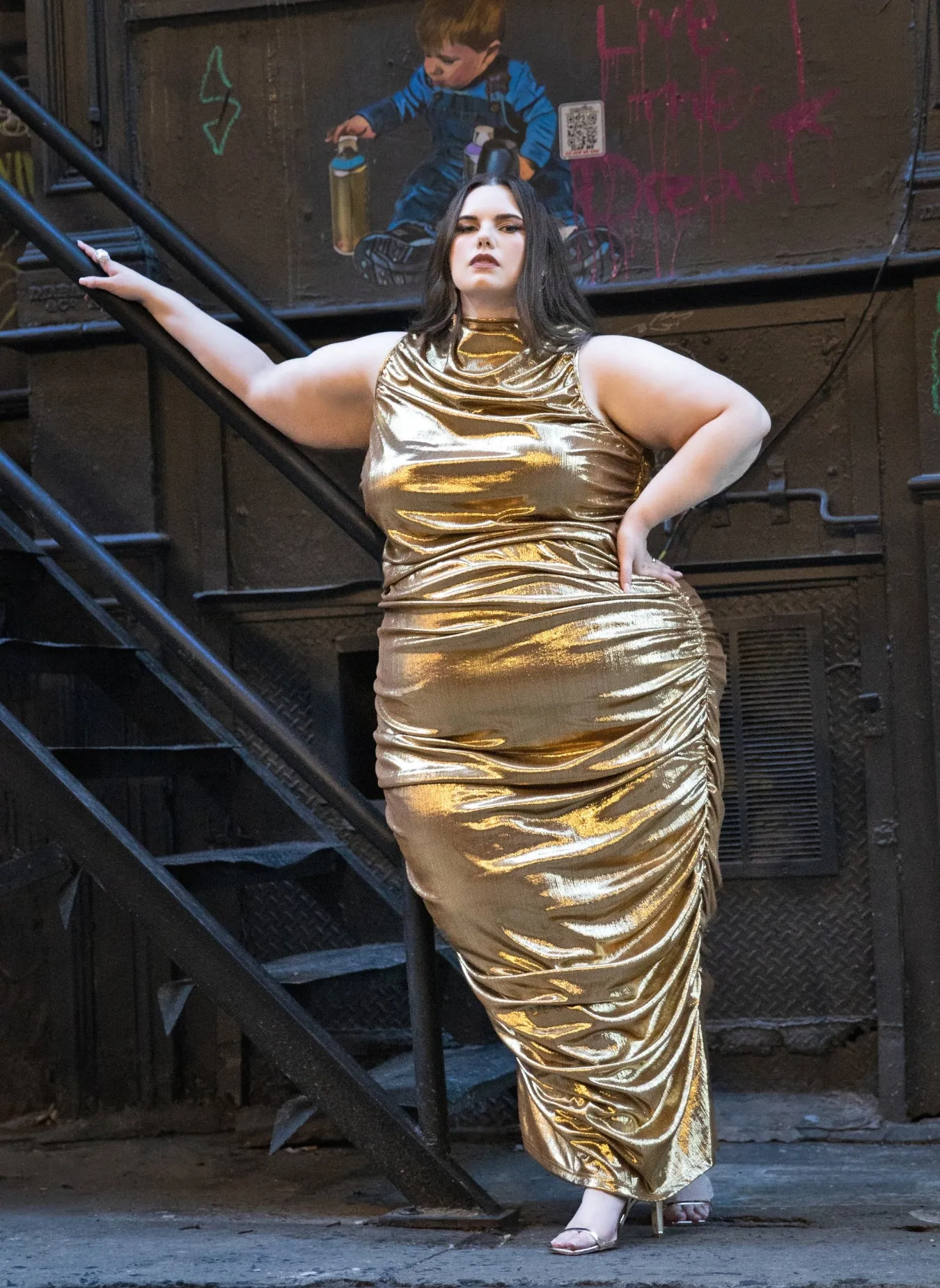 Montana Metallic Ruched Maxi Bodycon Dress sold by Rebdolls