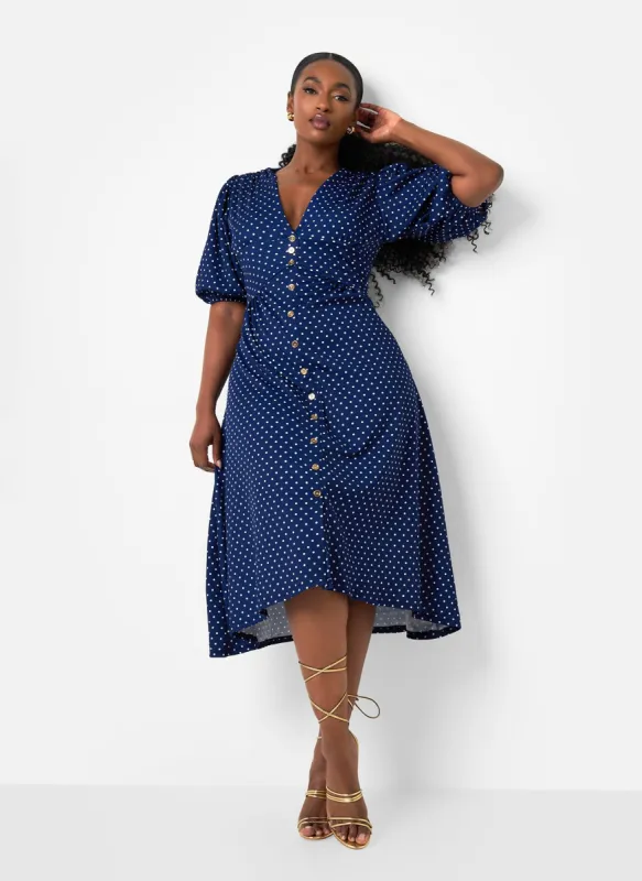 Hannah Polka Dot Button Front Midi A Line Dress - Navy & White sold by Rebdolls