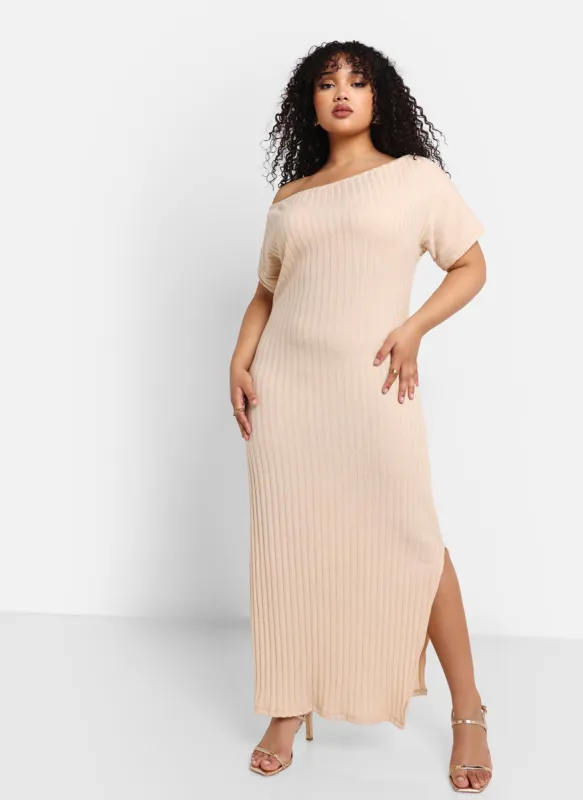 Maci Ribbed Knit Off Shoulder Maxi Slip Dress - Ivory sold by Rebdolls