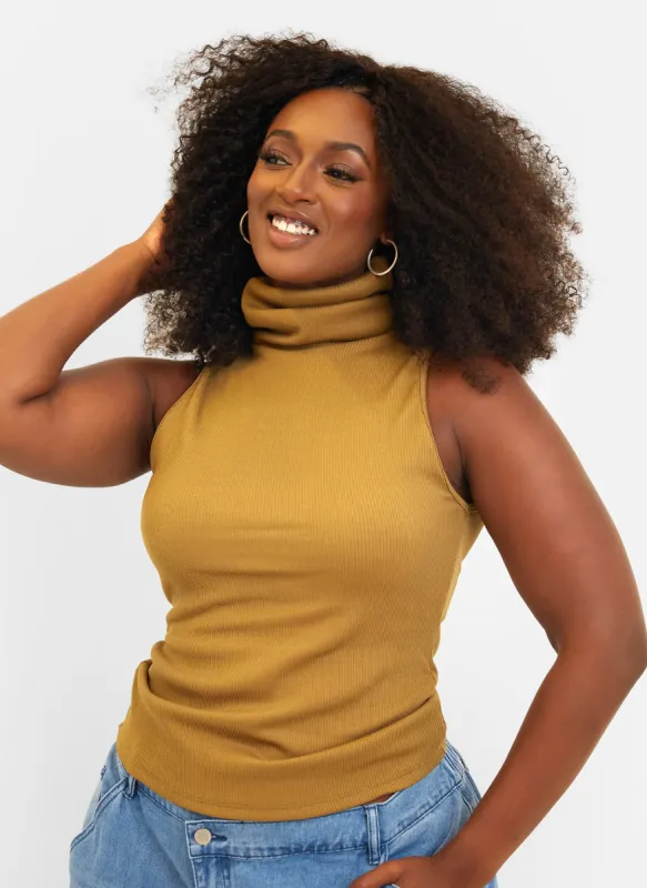 Connie Ribbed High Neck Full Length Top - Khaki sold by Rebdolls