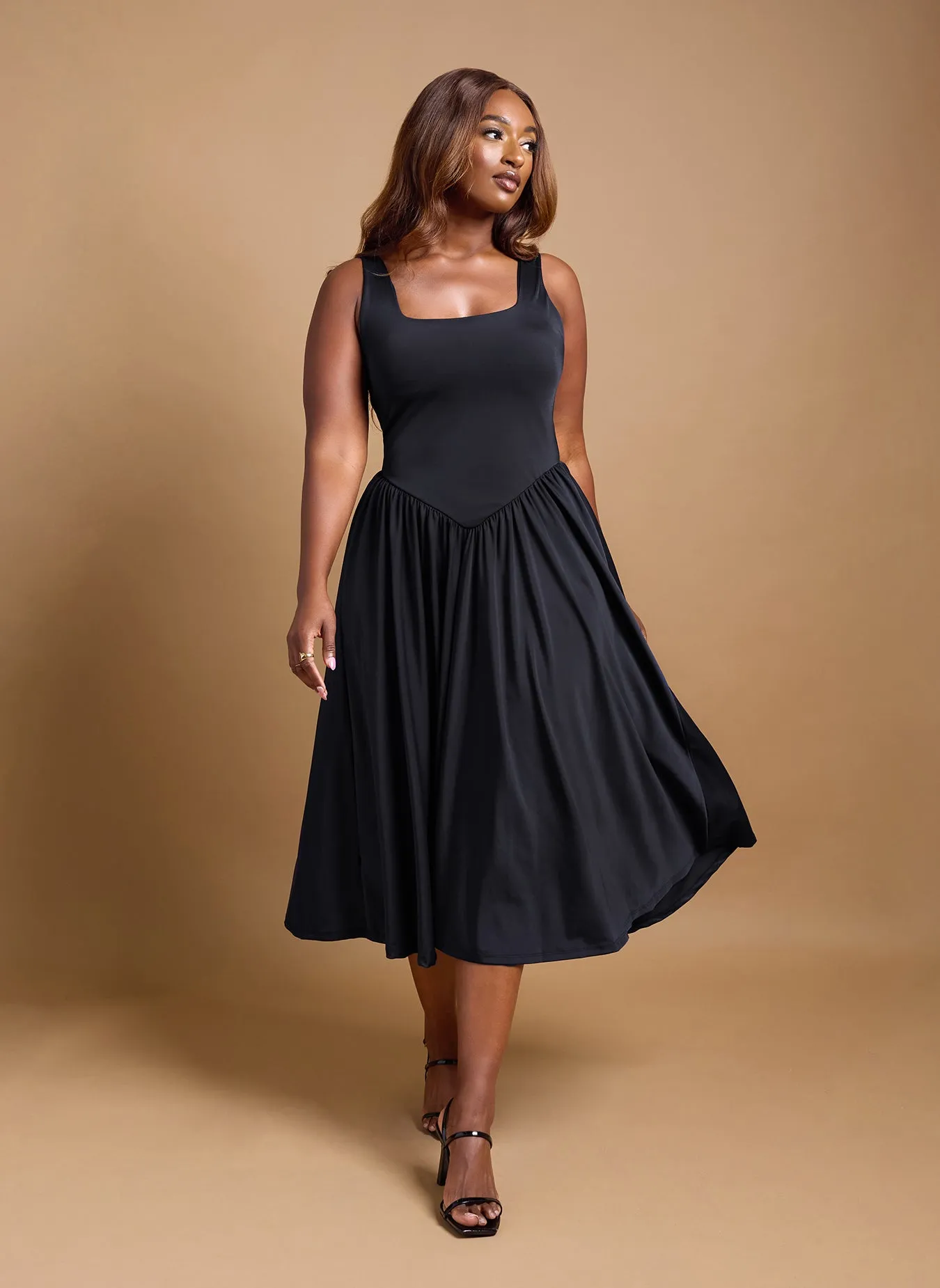 Lillian Asymmetrical Waist Skater Midi Dress sold by Rebdolls