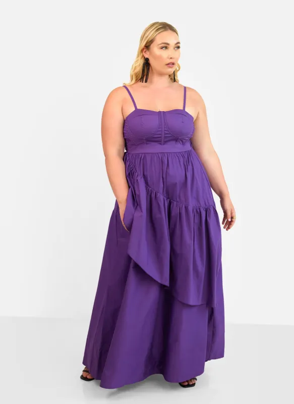 Violette Poplin Corset Ruffle Maxi A Line Dress - Plum sold by Rebdolls