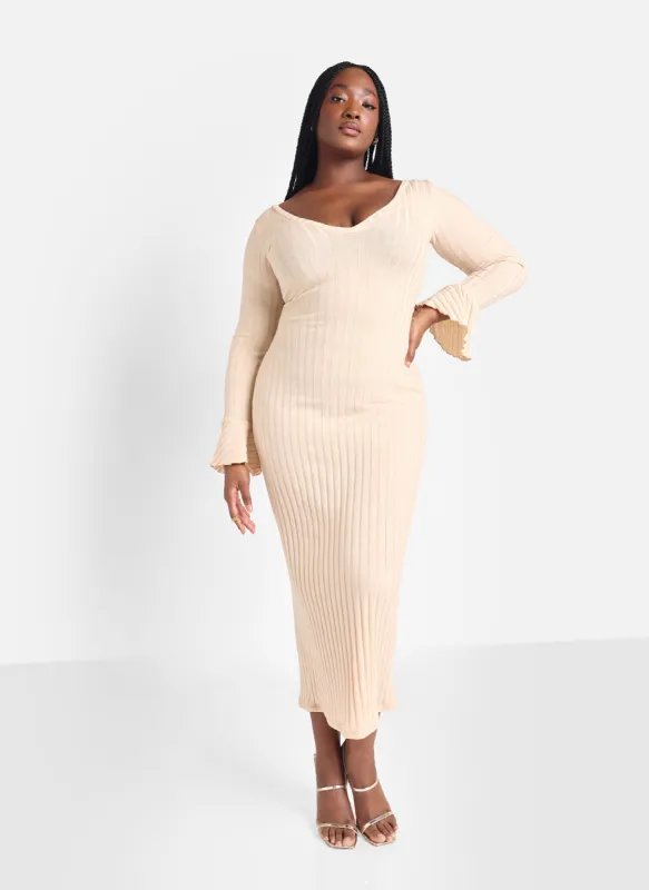 Lumi Knit Ribbed Bell Sleeve Maxi Bodycon Dress - Ivory sold by Rebdolls