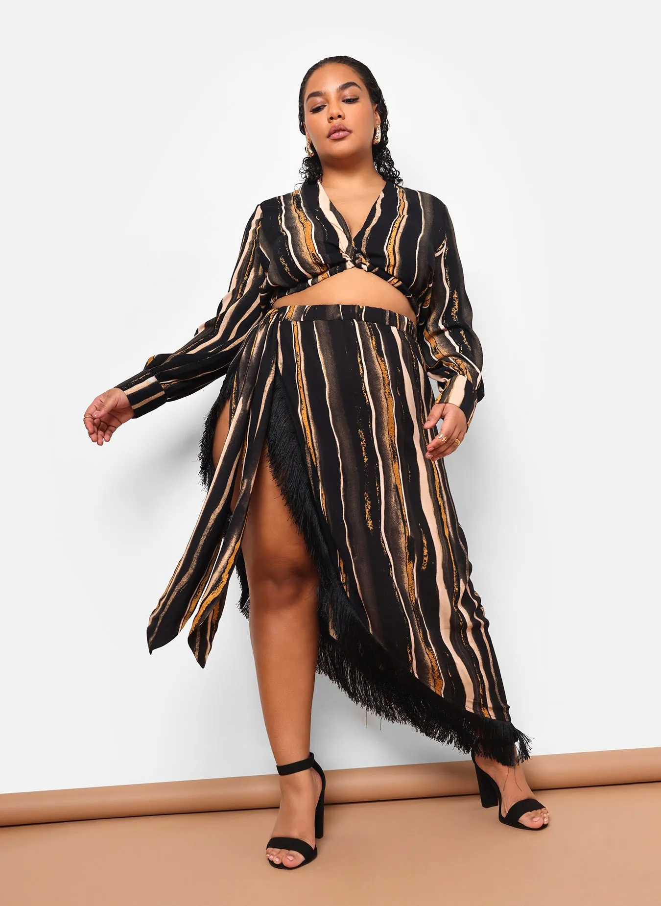 Alaia Stripe Print Fringe Maxi Wrap Skirt sold by Rebdolls
