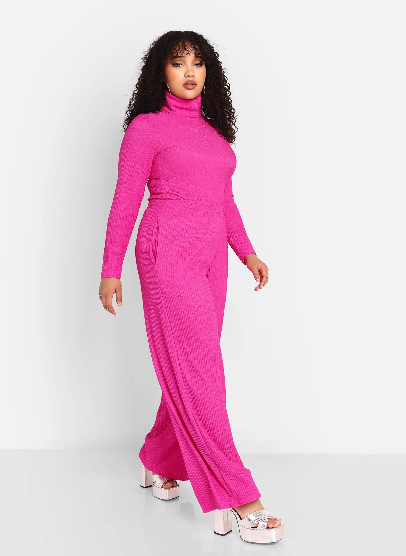 Abby Textured Wide Leg Pants W. Pockets - Fuchsia sold by Rebdolls product image thumbnail 2