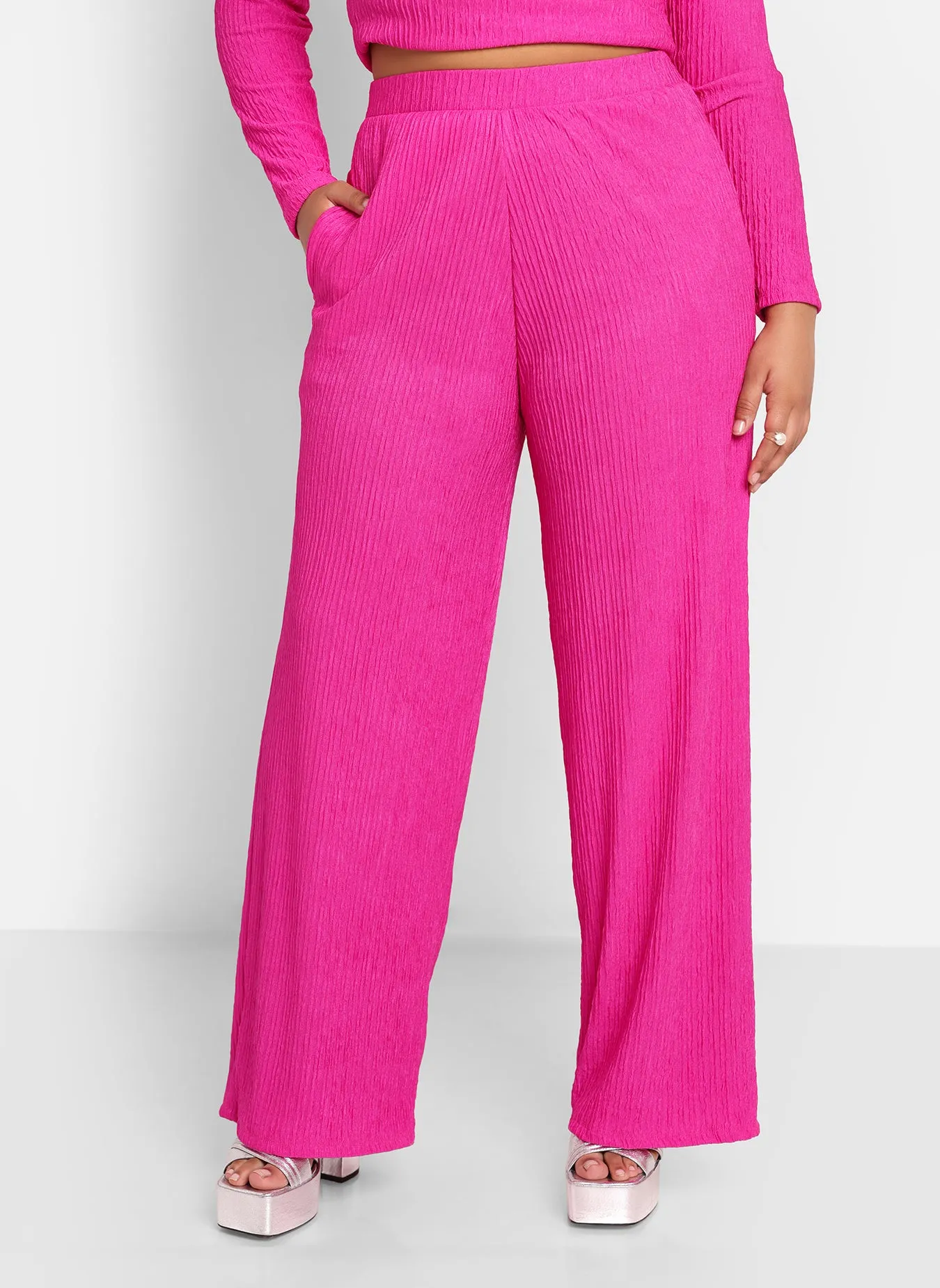 Abby Textured Wide Leg Pants W. Pockets - Fuchsia sold by Rebdolls product image thumbnail 3