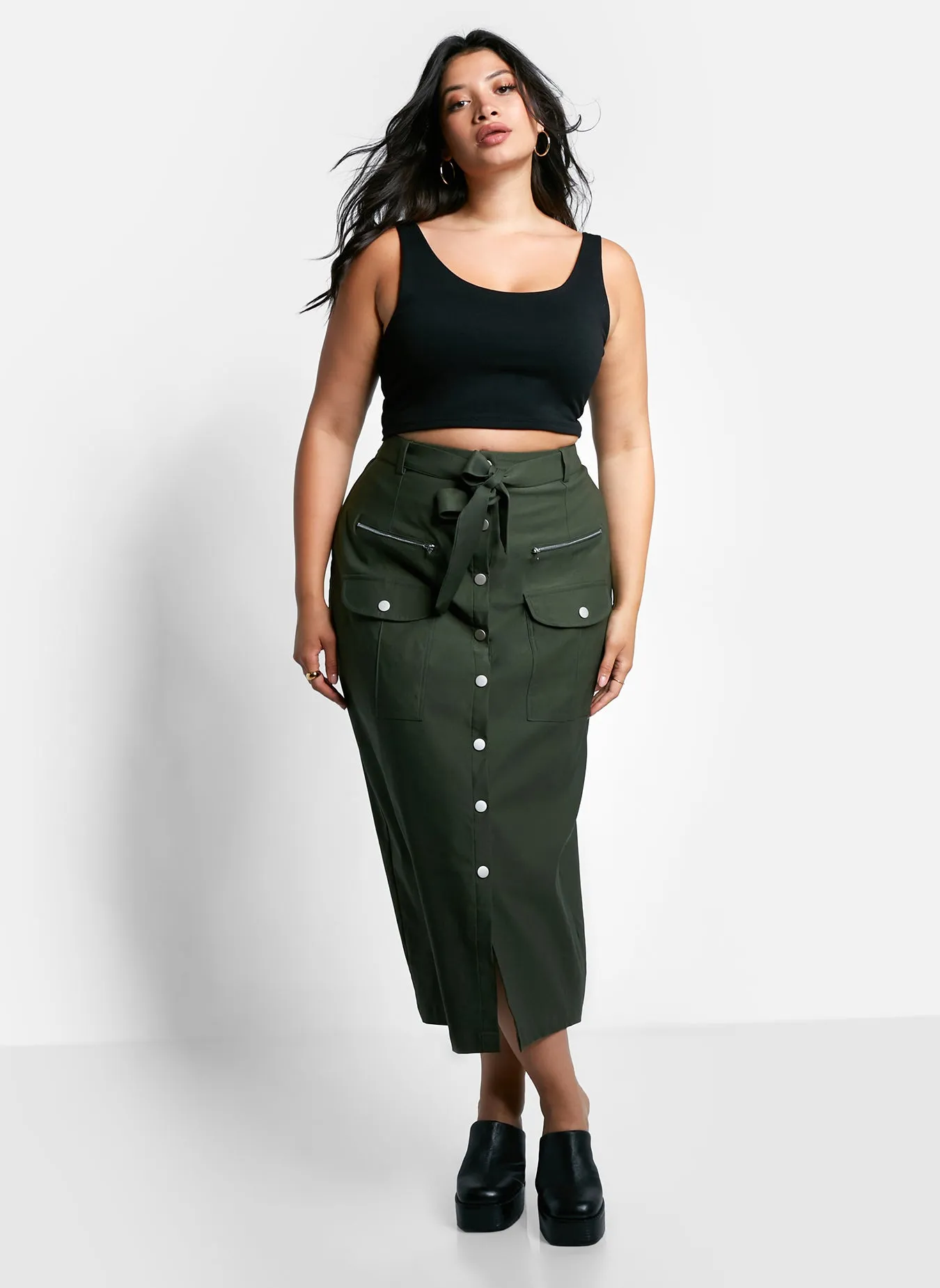 Sierra Tie Belt Button Front Cargo Maxi Shift Skirt - Olive Green sold by Rebdolls