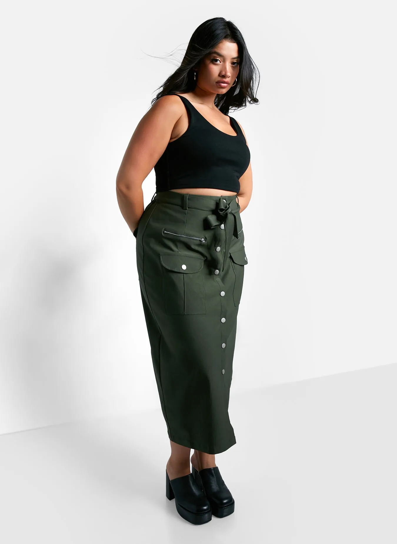 Sierra Tie Belt Button Front Cargo Maxi Shift Skirt - Olive Green sold by Rebdolls product image thumbnail 4
