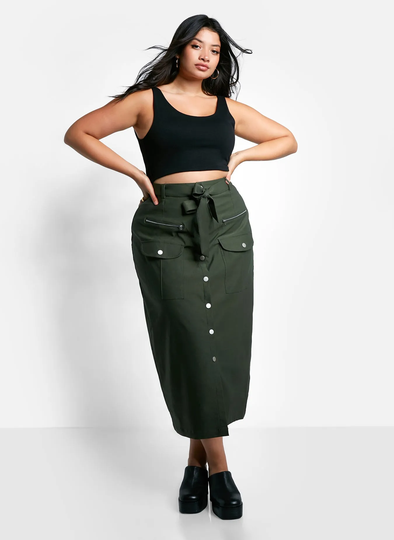 Sierra Tie Belt Button Front Cargo Maxi Shift Skirt - Olive Green sold by Rebdolls product image thumbnail 3
