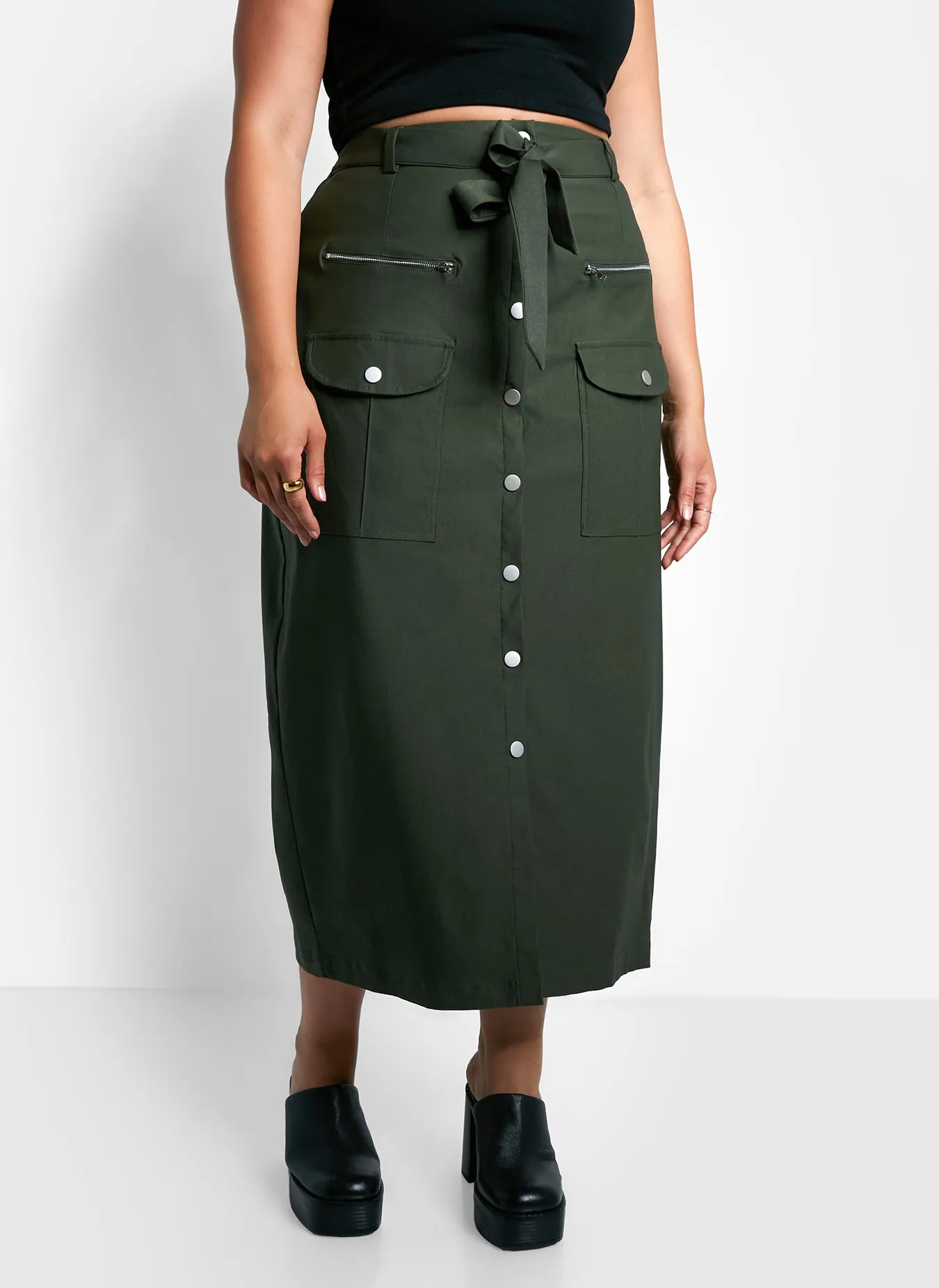 Sierra Tie Belt Button Front Cargo Maxi Shift Skirt - Olive Green sold by Rebdolls product image thumbnail 5