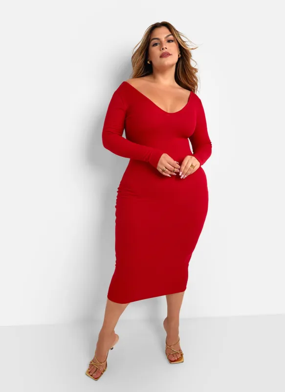 Santana Ribbed Off Shoulder Midi Bodycon Dress - Red sold by Rebdolls