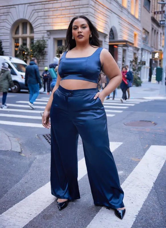 Juliette Satin Wide Leg Pants W. Pockets - Indigo sold by Rebdolls