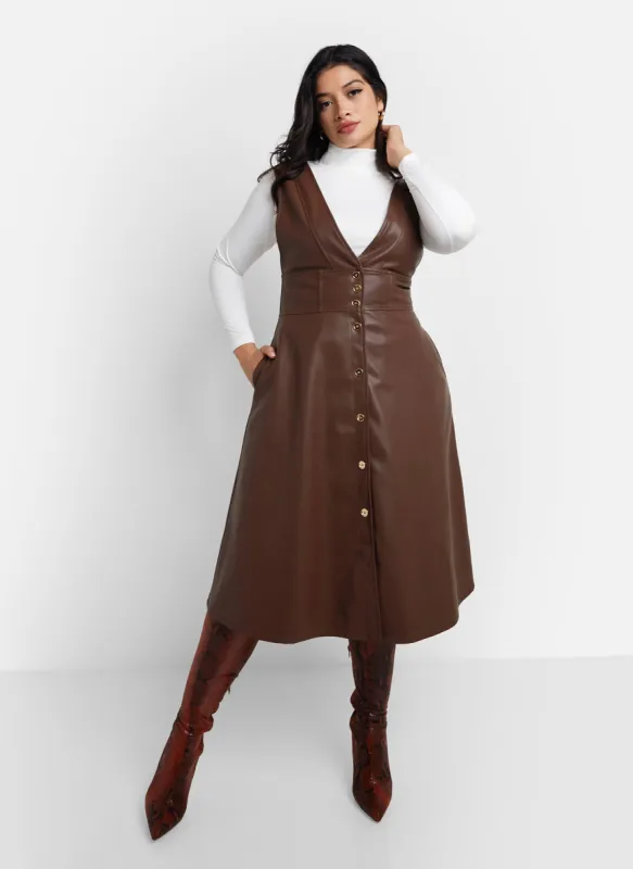 Quinn Vegan Leather Button Front Pinafore Dress - Chocolate sold by Rebdolls