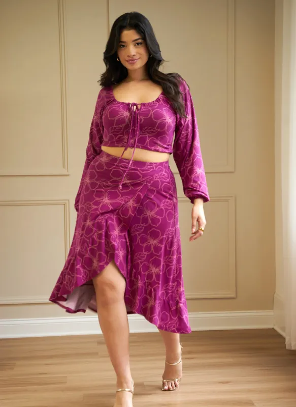 Laina Floral Ruffle Midi A Line Skirt - Berry sold by Rebdolls