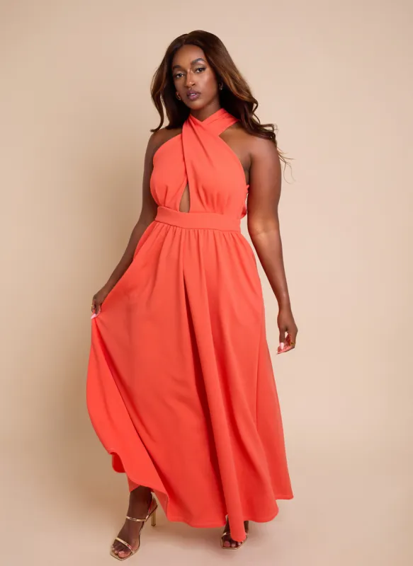 Eleanor Keyhole Skater Maxi Dress w. Pockets - Coral sold by Rebdolls