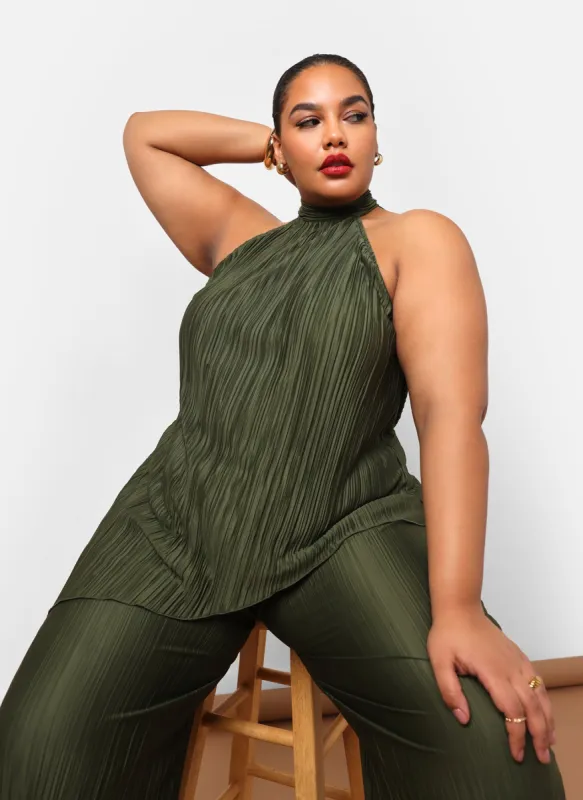 Aleah Plisse Halter Asymmetrical Top - Dark Olive sold by Rebdolls