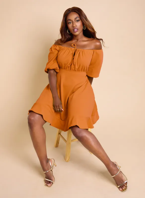 Adored Puff Sleeve Skater Mini Dress - Burnt Orange sold by Rebdolls
