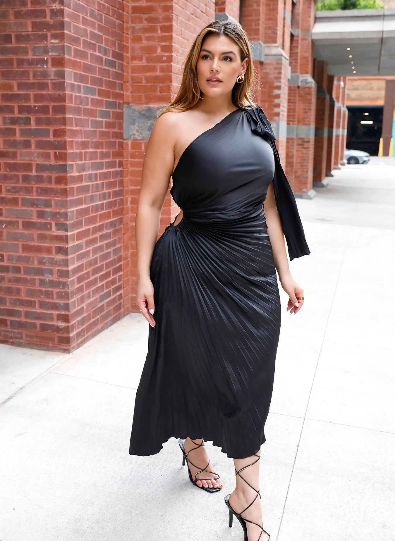 Makena Satin Pleated Asymmetrical Midi Bodycon Dress - Black sold by Rebdolls product image thumbnail 2