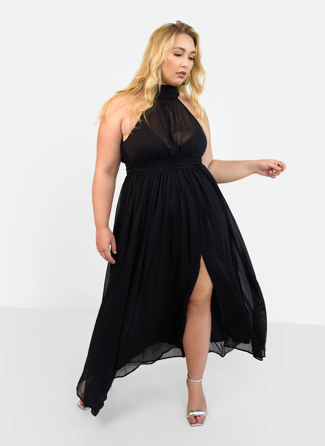 Elise Chiffon Halter Maxi A Line Dress W. Slit sold by Rebdolls