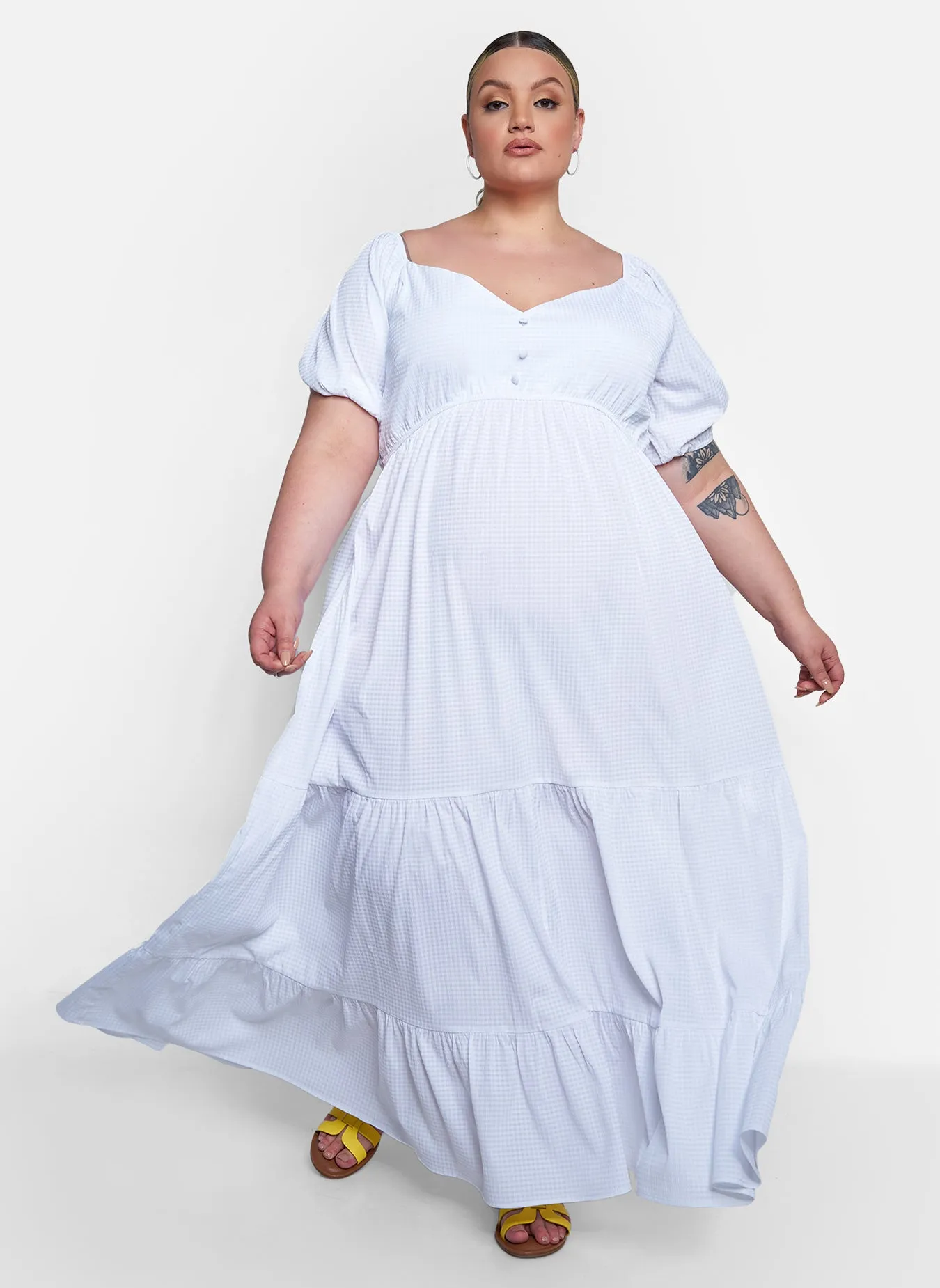 Corinne Puff Short Sleeve Tiered Maxi Dress - White sold by Rebdolls
