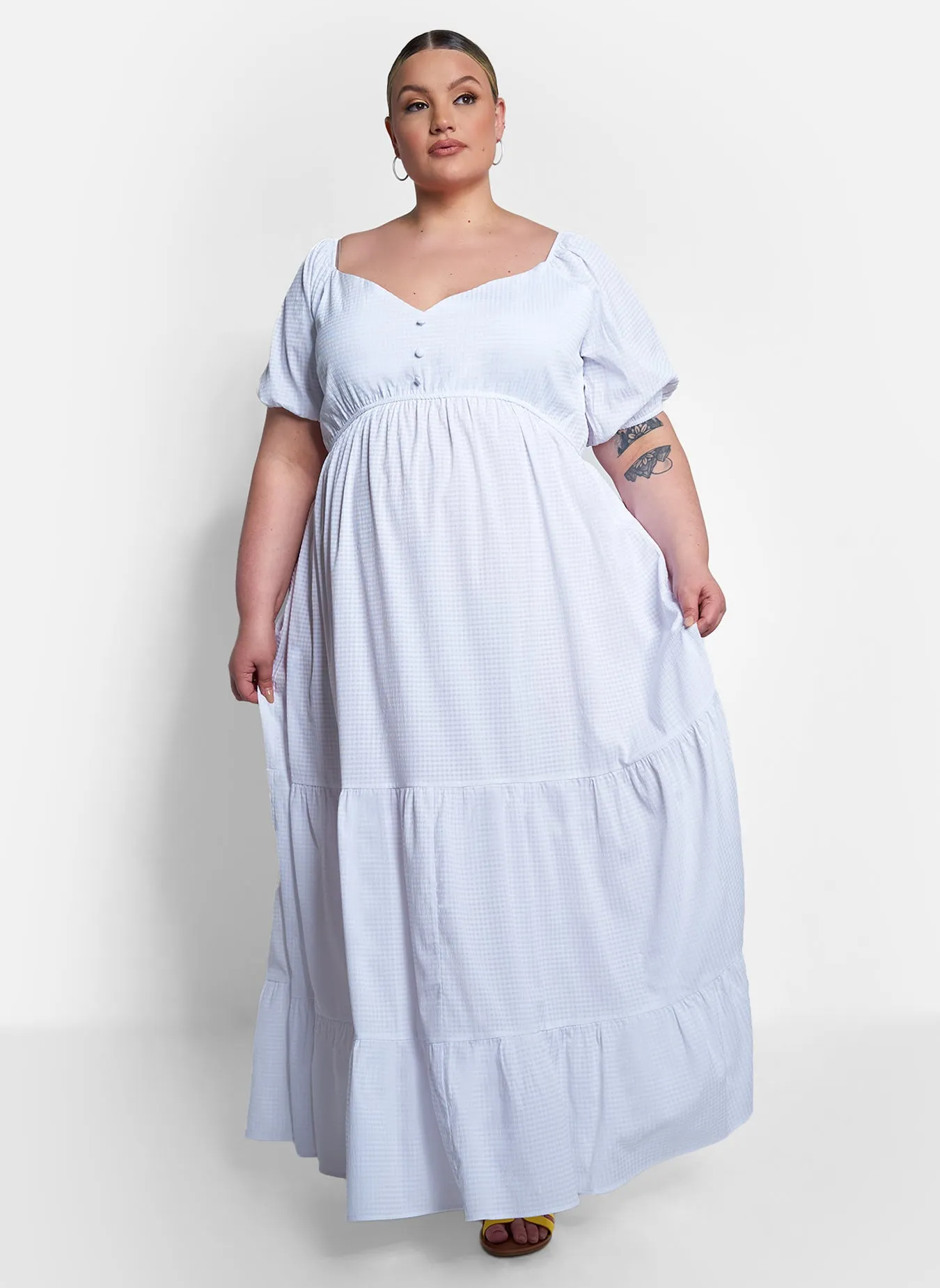 Corinne Puff Short Sleeve Tiered Maxi Dress - White sold by Rebdolls product image thumbnail 2