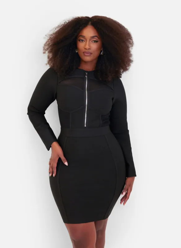 Pressure Long Sleeve Zipper Bodice Bandage Mini Dress - Black sold by Rebdolls