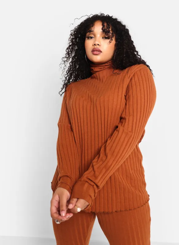 Idina Ribbed Knit Oversized Turtleneck Top - Chestnut sold by Rebdolls